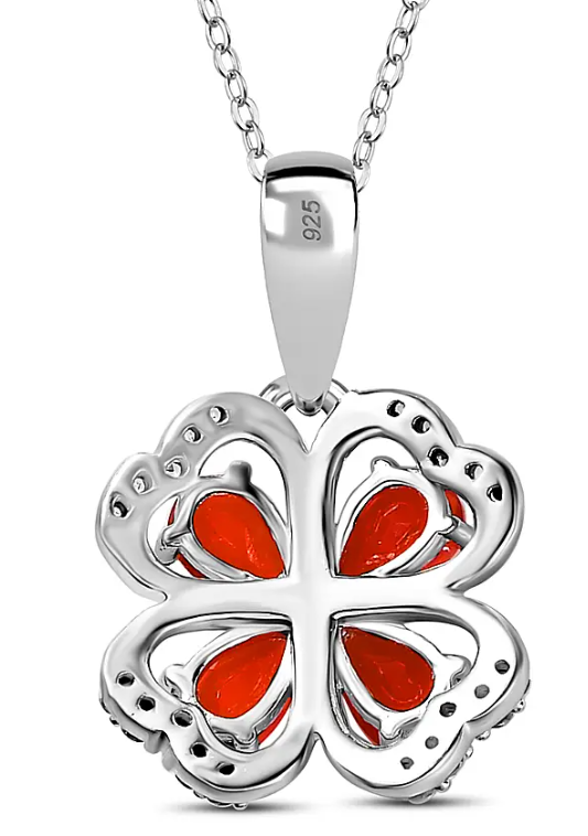 0.790ct. Fire Opal & Natural Zircon Clover Necklace in Platinum Overlay 925 Sterling Silver