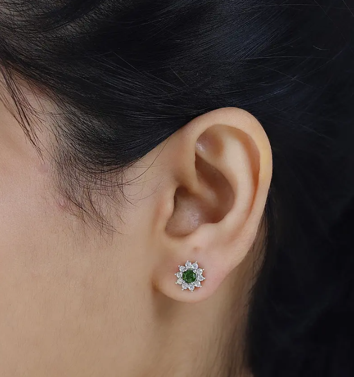 1ct Russian Diopside and natural zircon Halo Stud Earrings 925 Sterling