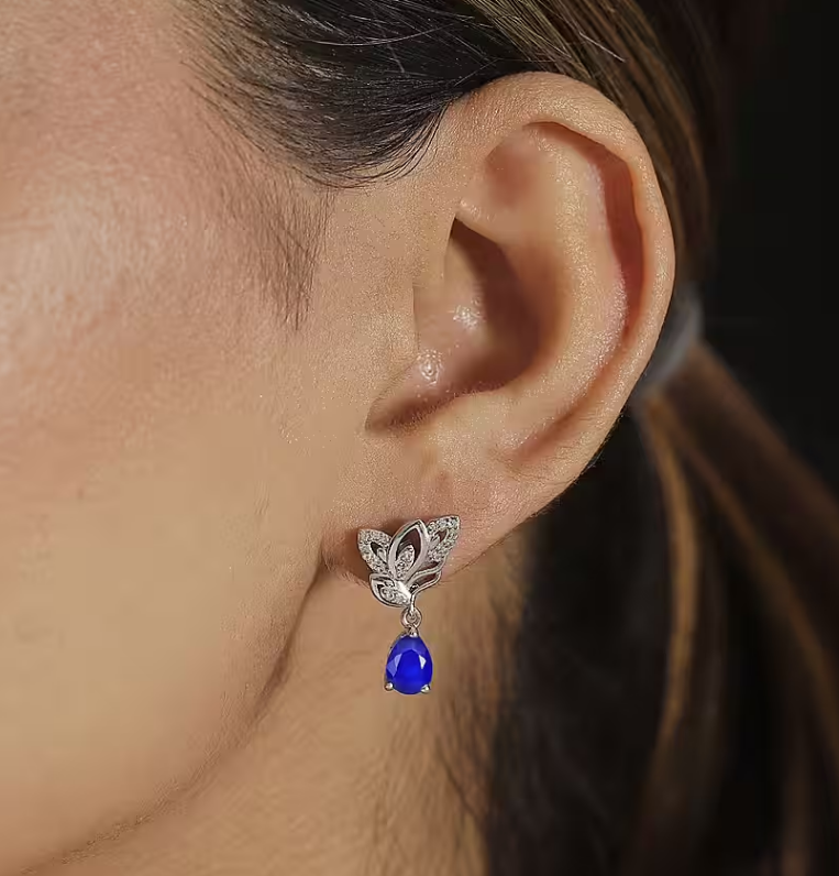 1.69ct Blue Spinel & White Zircon Dangling Earring in Rhodium Overlay 925 Sterling Silver