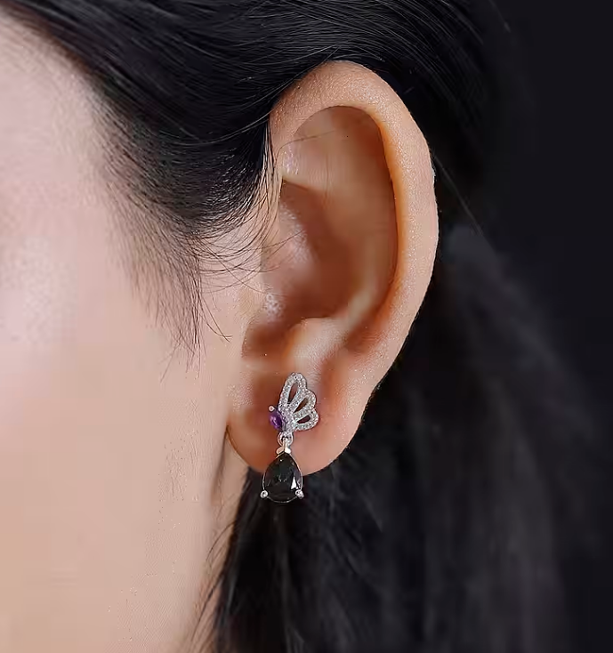 3.17ct Alexandrite Triplet Quartz, White Zircon, African Amethyst Dangle Earring