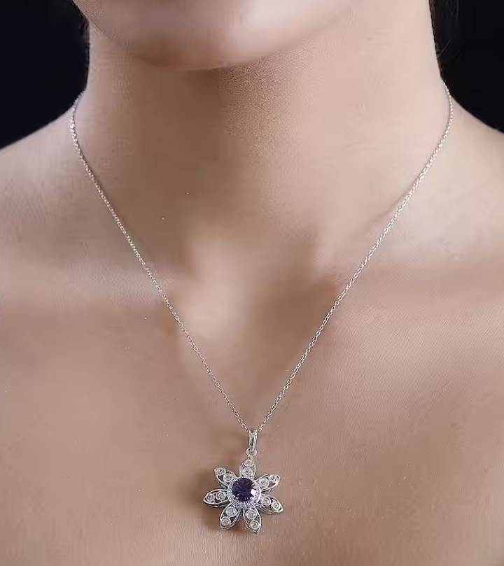 2.220ct. Flower Amethyst & White Zircon Necklace in Rhodium Overlay 925 Sterling Silver