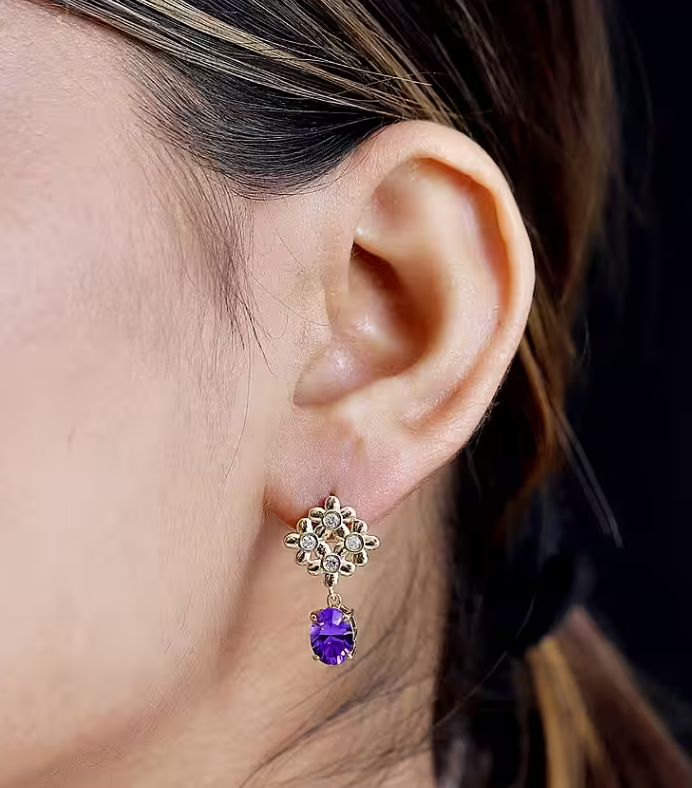 African Amethyst & White Zircon Floral Earrings in 18K Gold Overlay 925 Sterling Silver