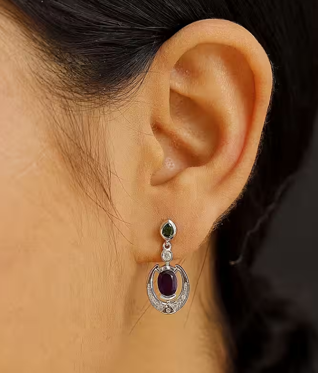 AAA African Amethyst, Natural Chrome Diopside & White Zircon Dangling Earrings 925 Sterling Silver