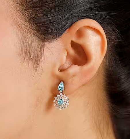 1.70ct Lagoon Apatite & White Zircon Small Dangling Earrings 925 Sterling Silver