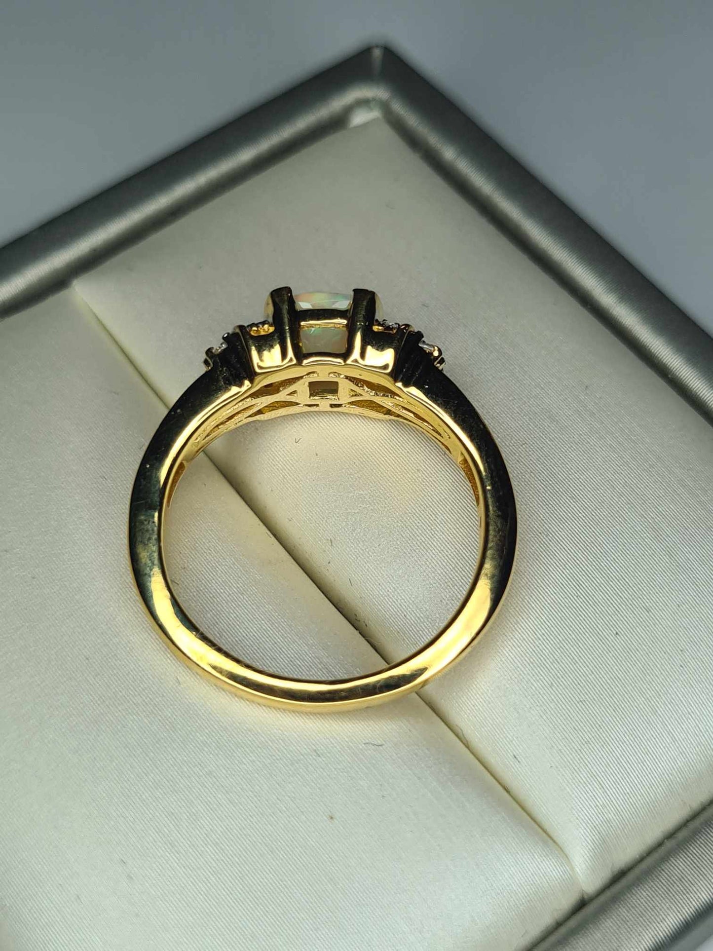 Ethiopian Welo Opal & Natural Zircon Ring in 18K Yellow Gold Overlay 925 Sterling Silver SIZE M