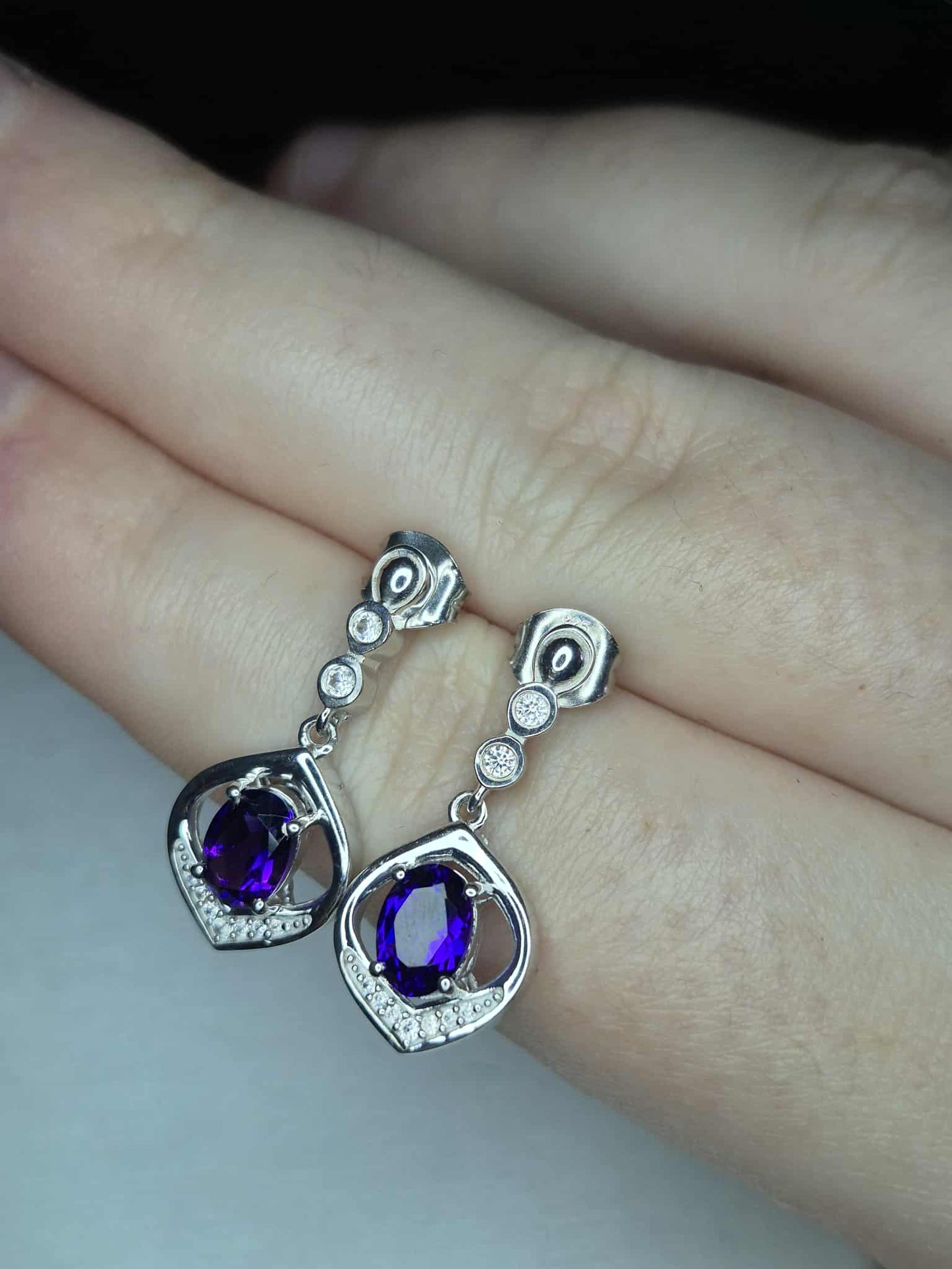 1.68ct Natural Moroccan Amethyst & White Zircon Earrings in Rhodium Overlay 925 Sterling Silver