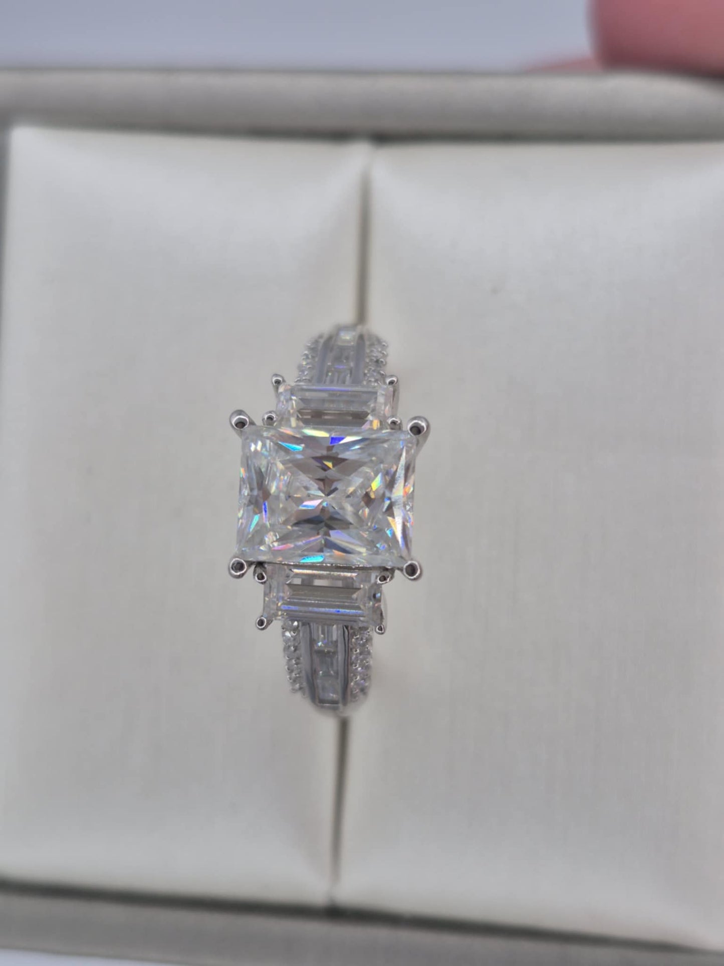 3.70ct Moissanite Trilogy Ring in Rhodium Overlay 925 Sterling Silver SIZE S