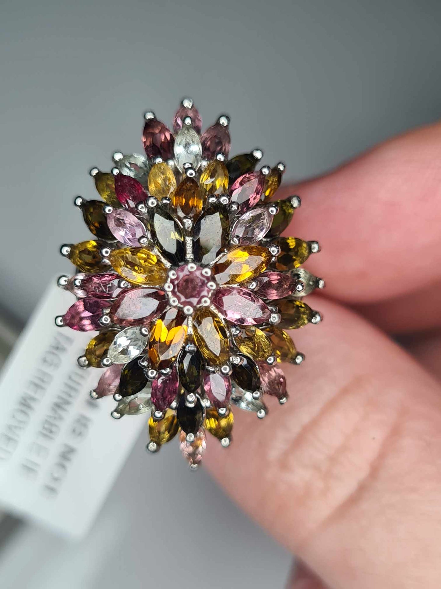 6.75 Ct Tourmaline Floral Cocktail Ring 925 Sterling Silver with a platinum overlay SIZE K