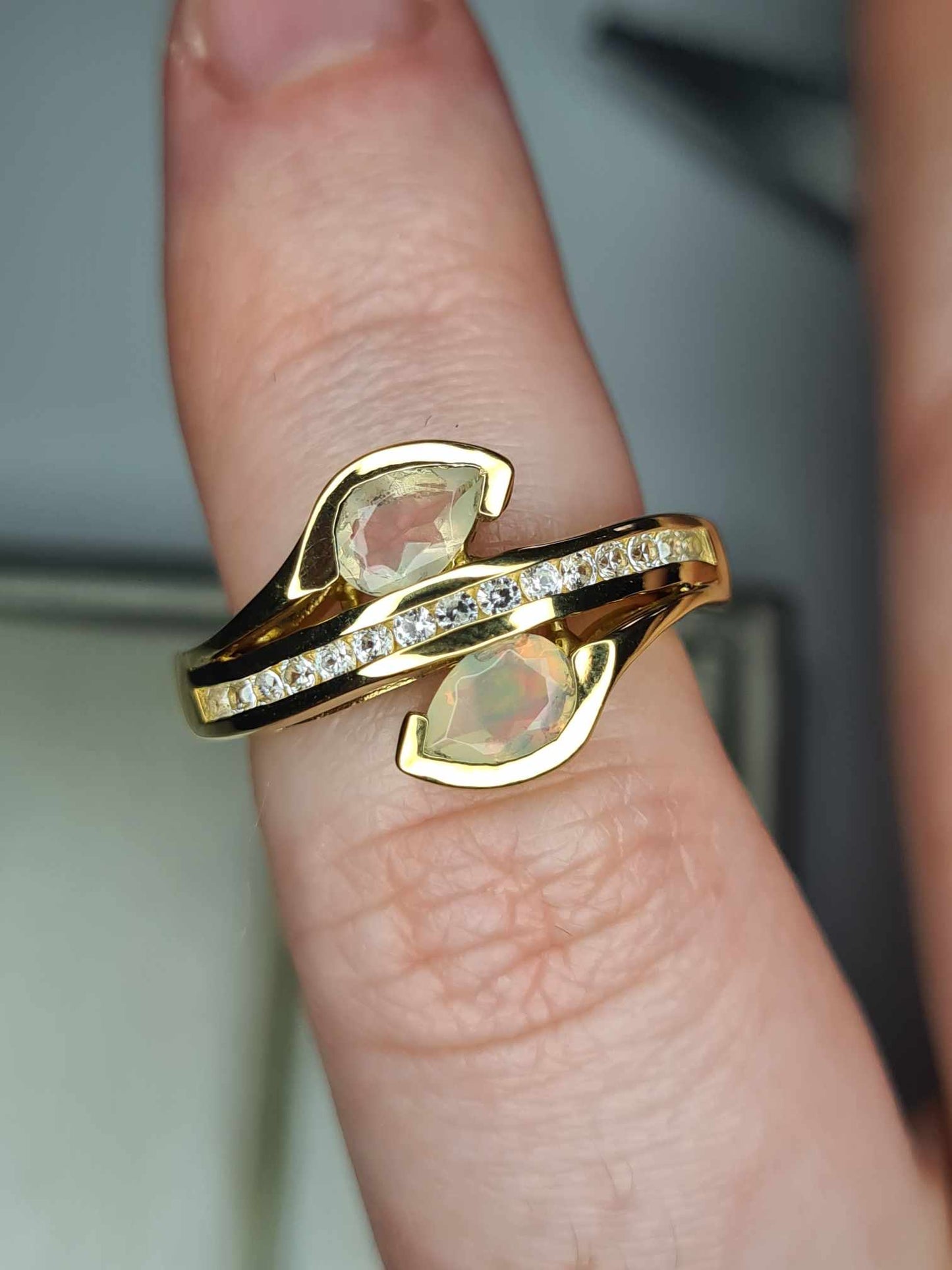 Ethiopian Welo Opal & Natural Zircon Bypass Ring in 18K Gold Overlay 925 Sterling Silver SIZE K
