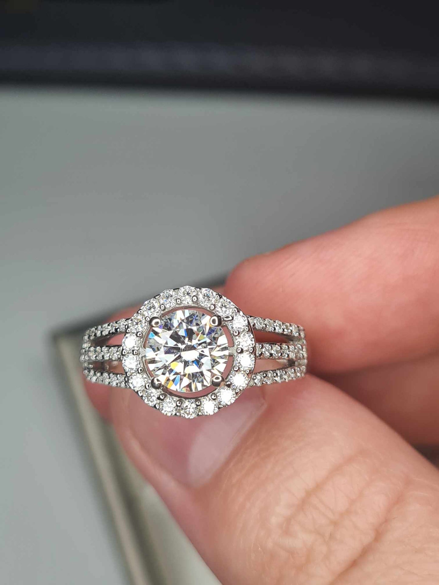 1.42ct Moissanite Halo Ring in Platinum Overlay 925 Sterling Silver SIZE L