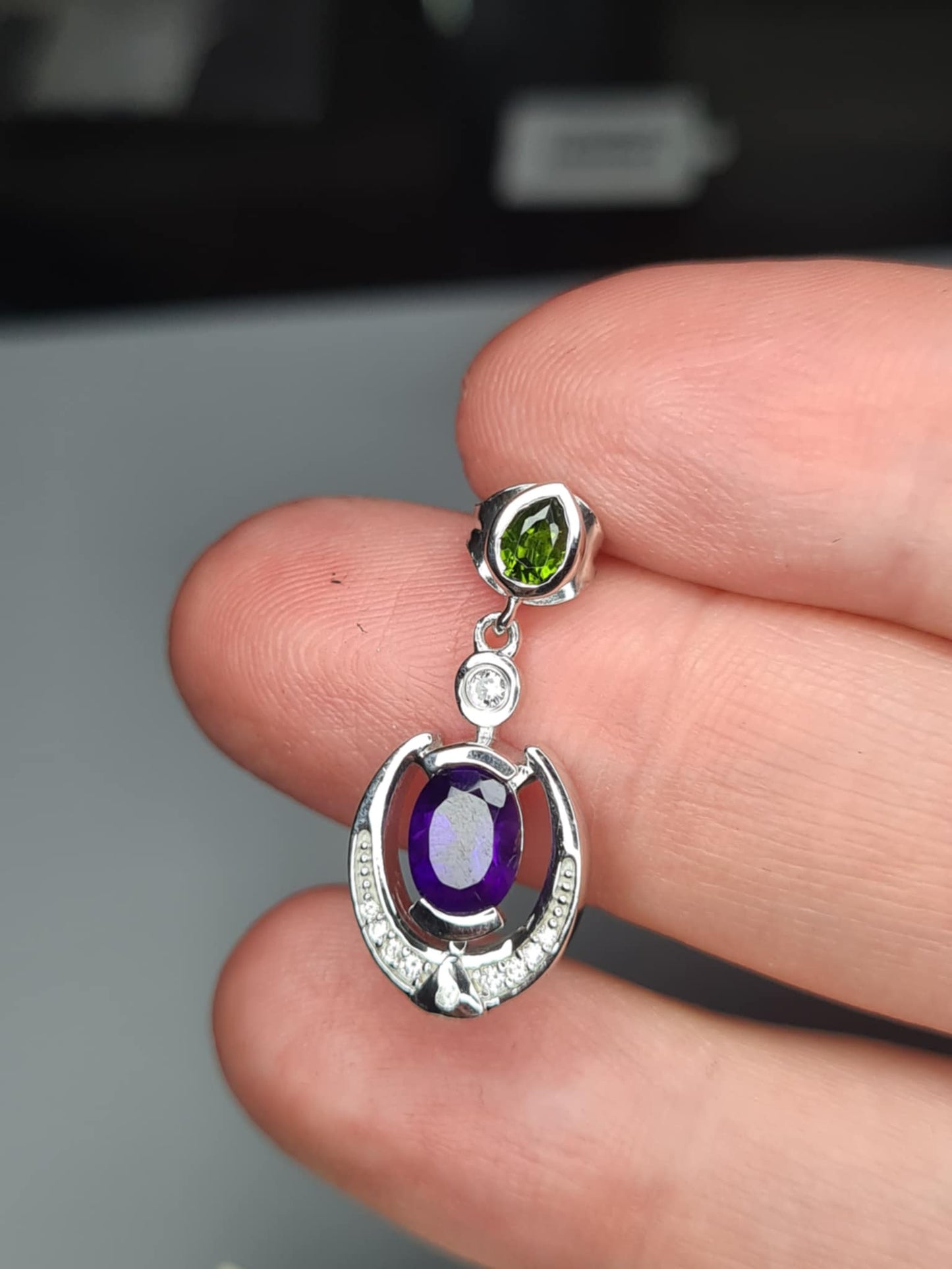 AAA African Amethyst, Natural Chrome Diopside & White Zircon Dangling Earrings 925 Sterling Silver