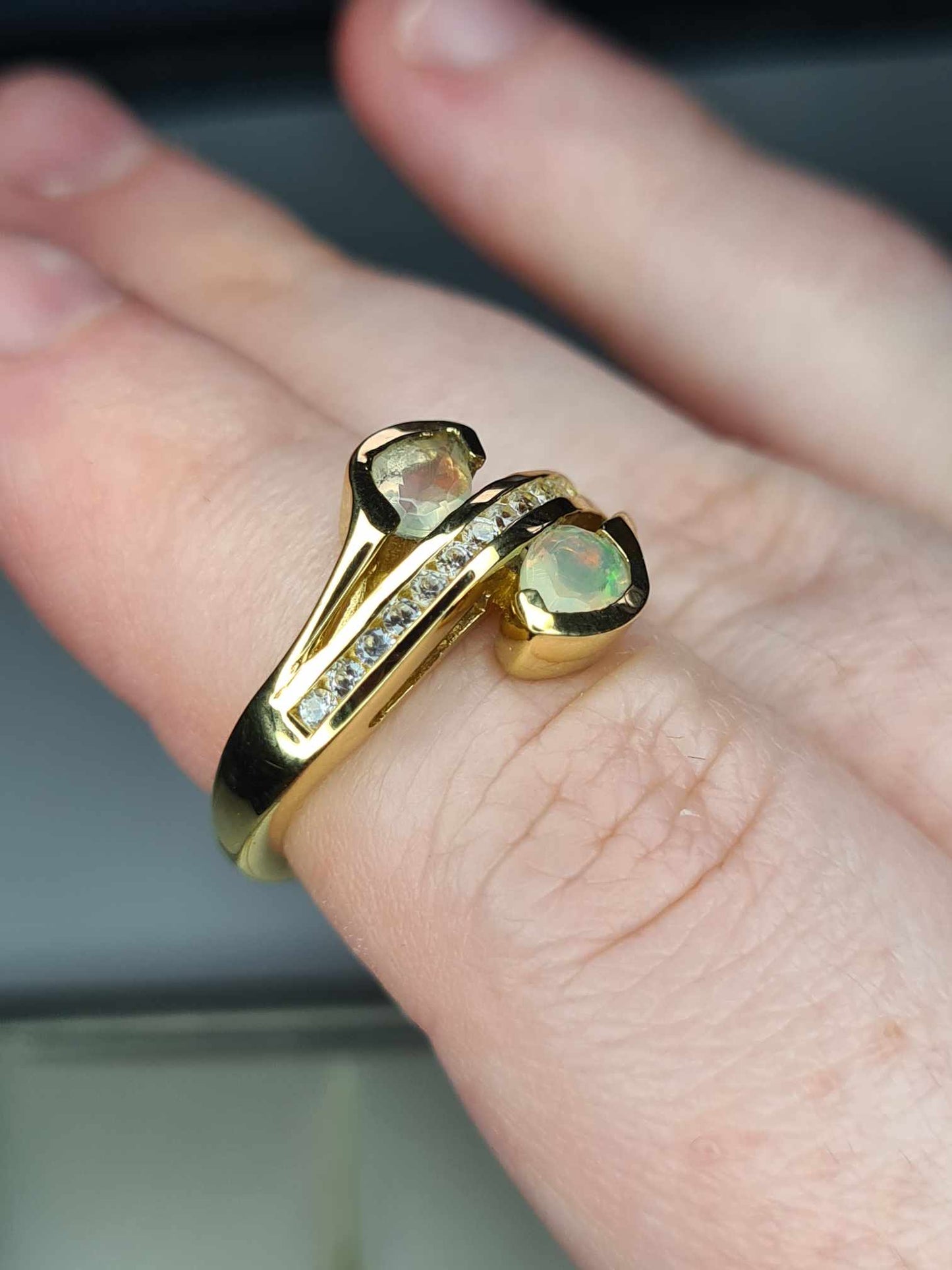 Ethiopian Welo Opal & Natural Zircon Bypass Ring in 18K Gold Overlay 925 Sterling Silver SIZE K