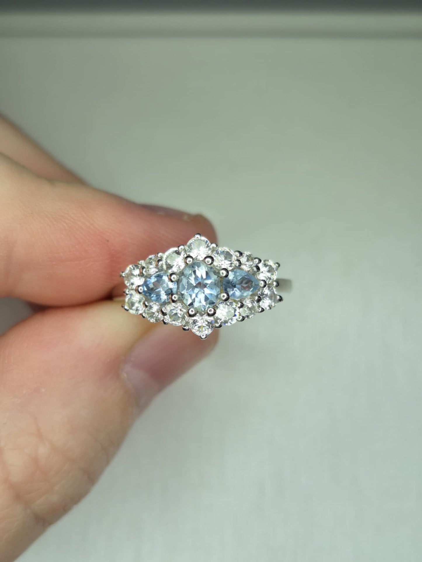 Santamaria Aquamarine & Zircon Boat Ring in Rhodium Overlay 925 Sterling Silver SIZE M