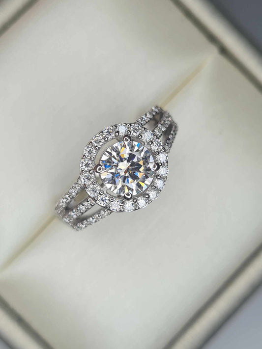 1.42ct Moissanite Halo Ring in Platinum Overlay 925 Sterling Silver SIZE L