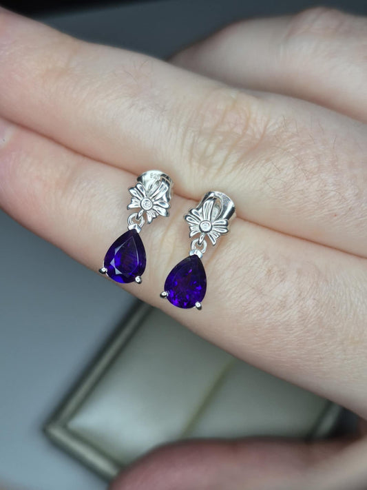 AAA African Amethyst & White Zircon Solitaire Stud Earrings in 925 Sterling Silver