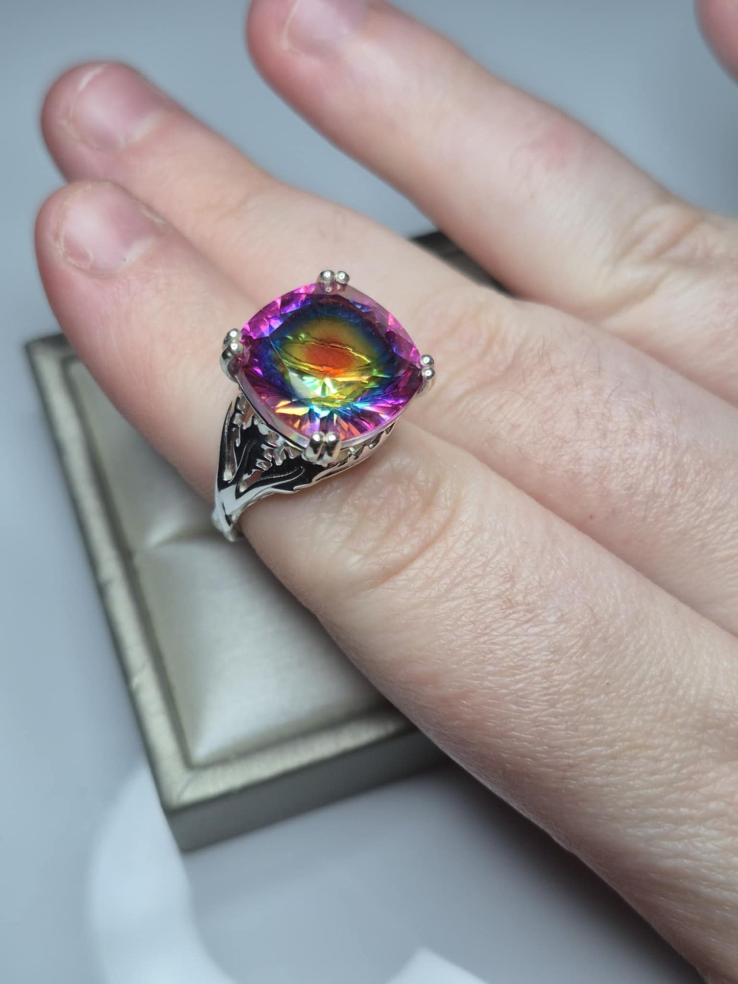 11.06ct Nebula Quartz Doublet Solitaire Ring in Rhodium Overlay 925 Sterling Silver