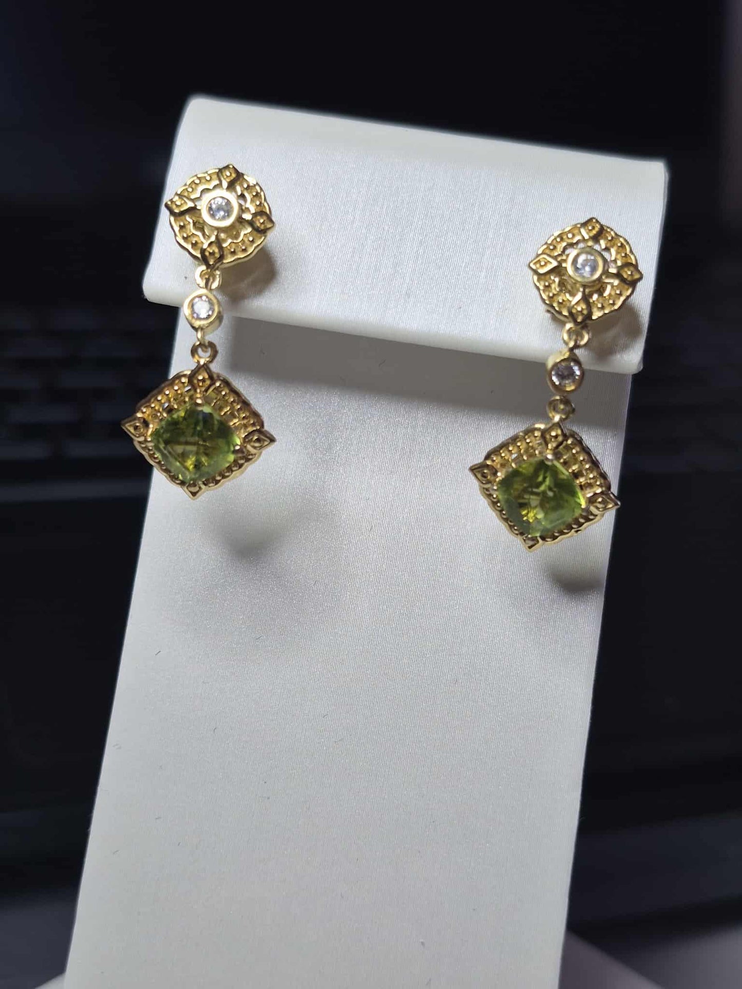 Natural Hebei Peridot, White Zircon Dangling Victorian Dangle Earrings 925 Sterling Silver