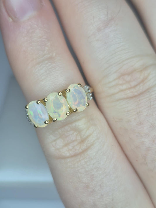 1.58 Ethiopian Opal, White Diamond Ring in 18K Gold Overlay 925 Sterling Silver SIZE L