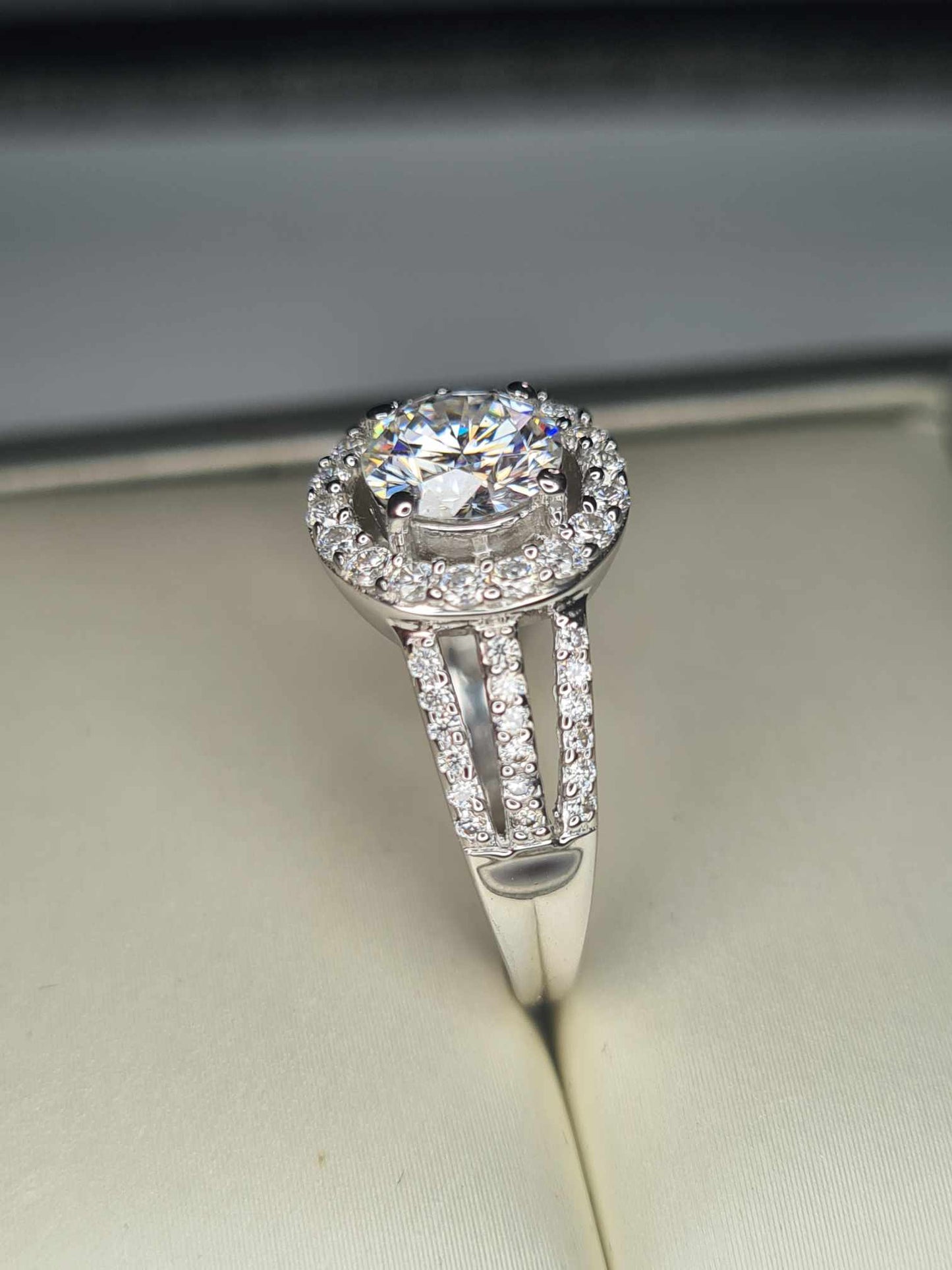 1.42ct Moissanite Halo Ring in Platinum Overlay 925 Sterling Silver SIZE L