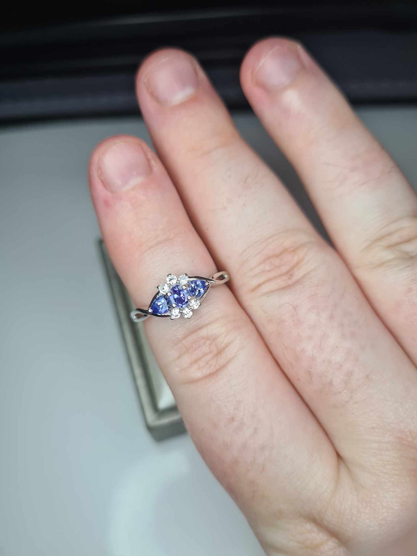 0.661ct Tanzanite & White Zircon Three Stone Ring in Platinum Overlay 925 Sterling Silver SIZE L