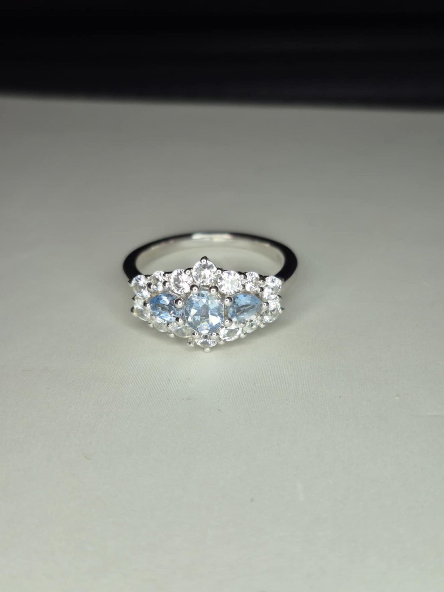 Santamaria Aquamarine & Zircon Boat Ring in Rhodium Overlay 925 Sterling Silver SIZE M