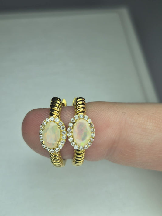 Ethiopian Opal & White Zircon Small Hoop Earrings in 18K Gold 925 Sterling Silver