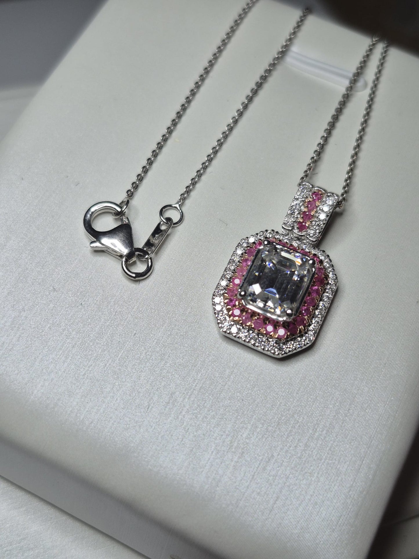 Moissanite & Pink Sapphire Necklace Rhodium Overlay 925 Sterling Silver