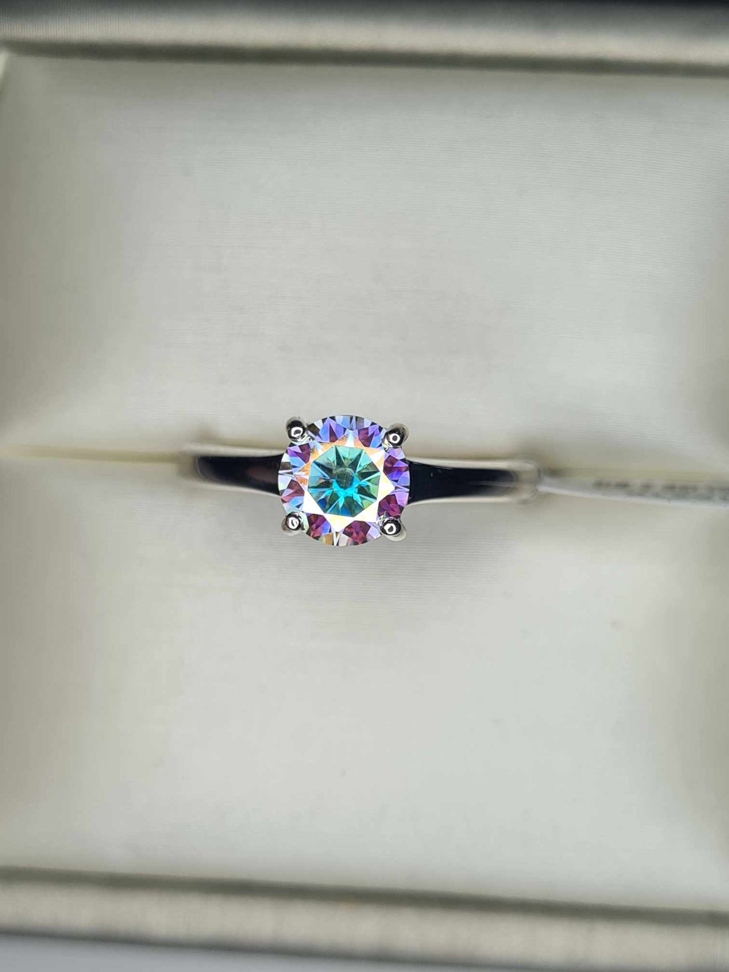 1ct Rainbow Moissanite Solitaire Ring in Rhodium Overlay Sterling Silver SIZES N,O, P