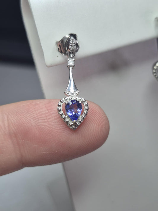 Tanzanite & White Zircon Heart Dangle Earrings in 925 Sterling Silver