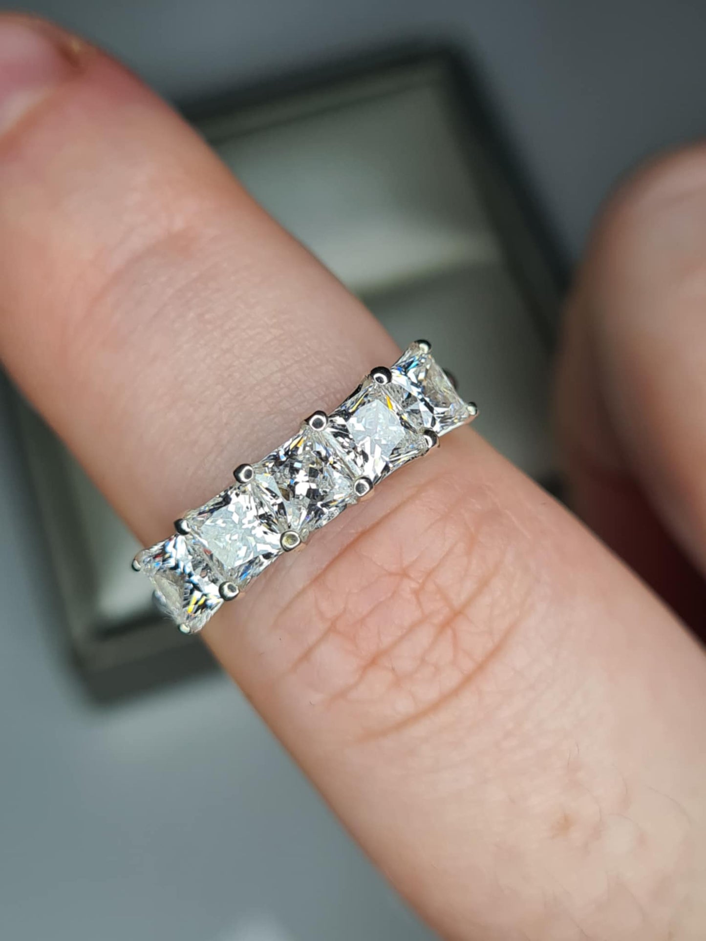 3.26ct Swarovski Zirconia 5 Stone Square cut Ring in Rhodium Overlay 925 Sterling Silver