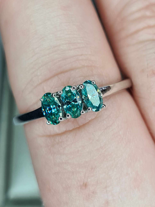 0.678ct Teal Blue Moissanite Trilogy Ring in Platinum Overlay 925 Sterling Silver