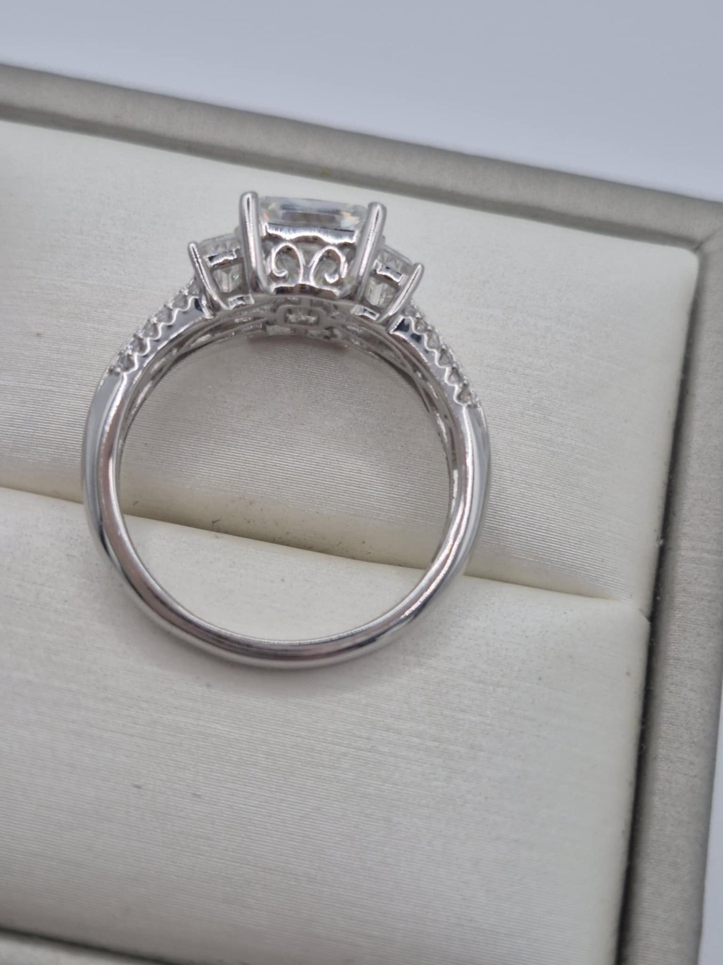 3.70ct Moissanite Trilogy Ring in Rhodium Overlay 925 Sterling Silver SIZE S
