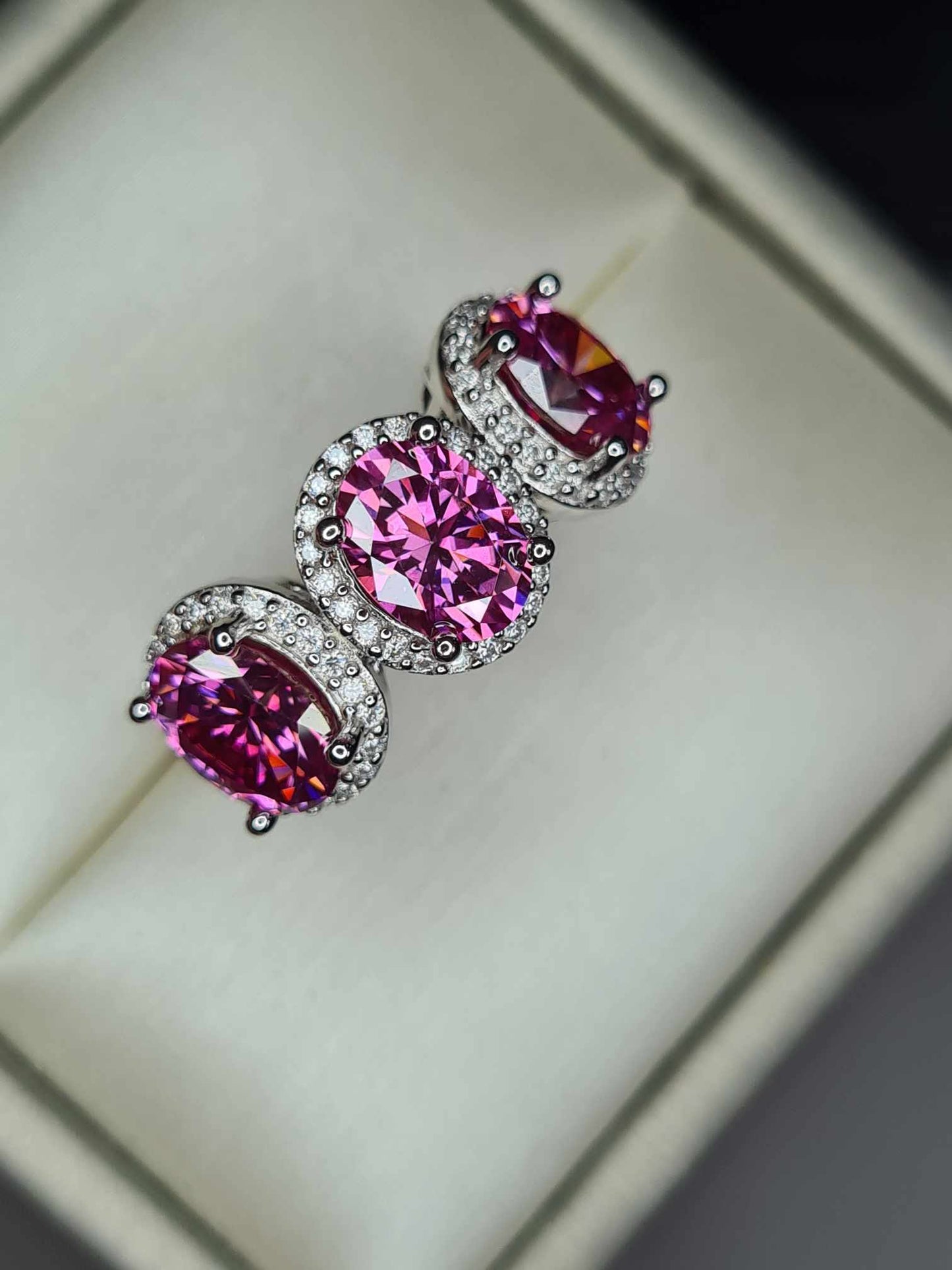 4.38ct Pink & White Moissanite Ring in Rhodium Overlay 925 Sterling Silver SIZE O