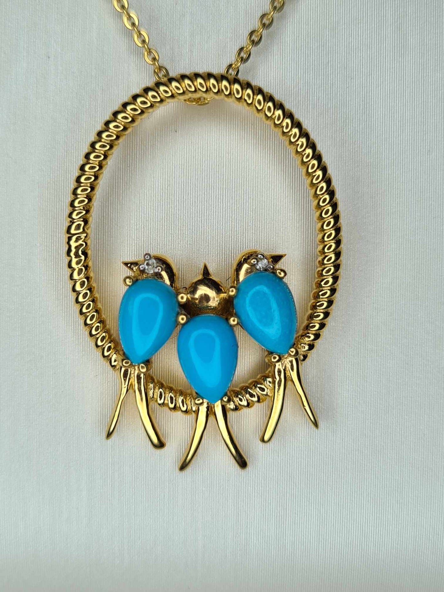 1.23 Ct Bird Arizona Sleeping Beauty Turquoise & Zircon Necklace 18k gold overlay 925 sterling silver