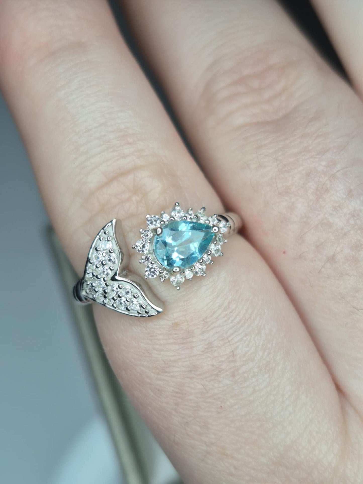 1.25ct Lagoon Apatite & White Zircon Mermaid Ring 925 Sterling Silver SIZE O