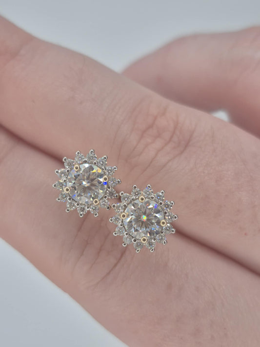 1.90ct 9K Yellow Gold Moissanite Halo Stud Earrings