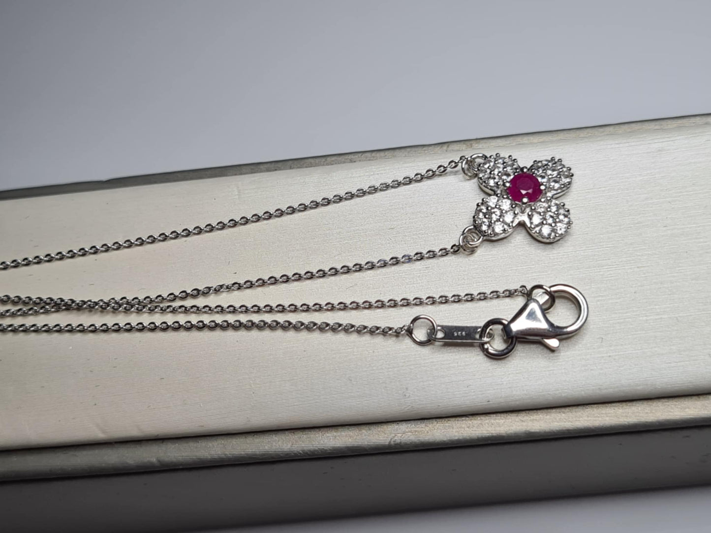 Mozambique Ruby, White Zircon Floral Necklace in Rhodium Overlay 925 Sterling Silver