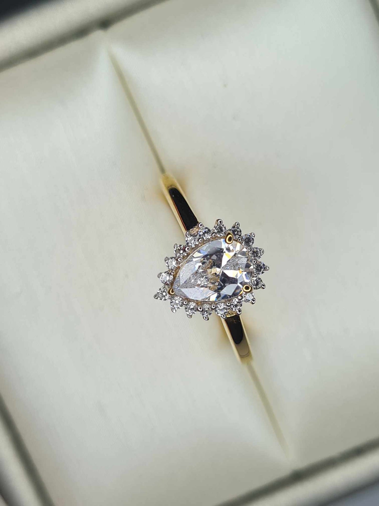 1.280ct Cubic Zirconia Pear Cut Halo Ring 18k gold overlay 925 sterling silver SIZE L