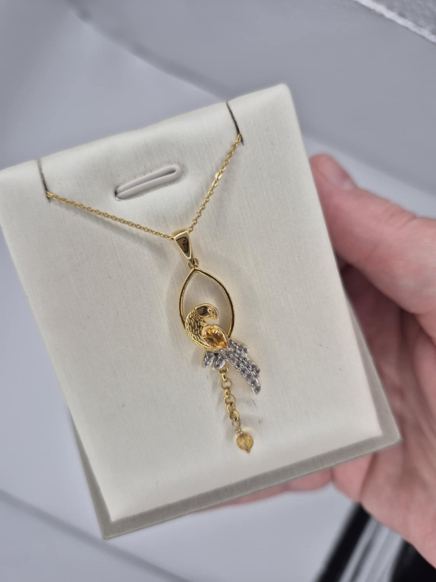 0.756ct. Citrine , White Zircon, Blue Sapphire Bird Necklace in 18K Gold Overlay 925 Sterling Silver