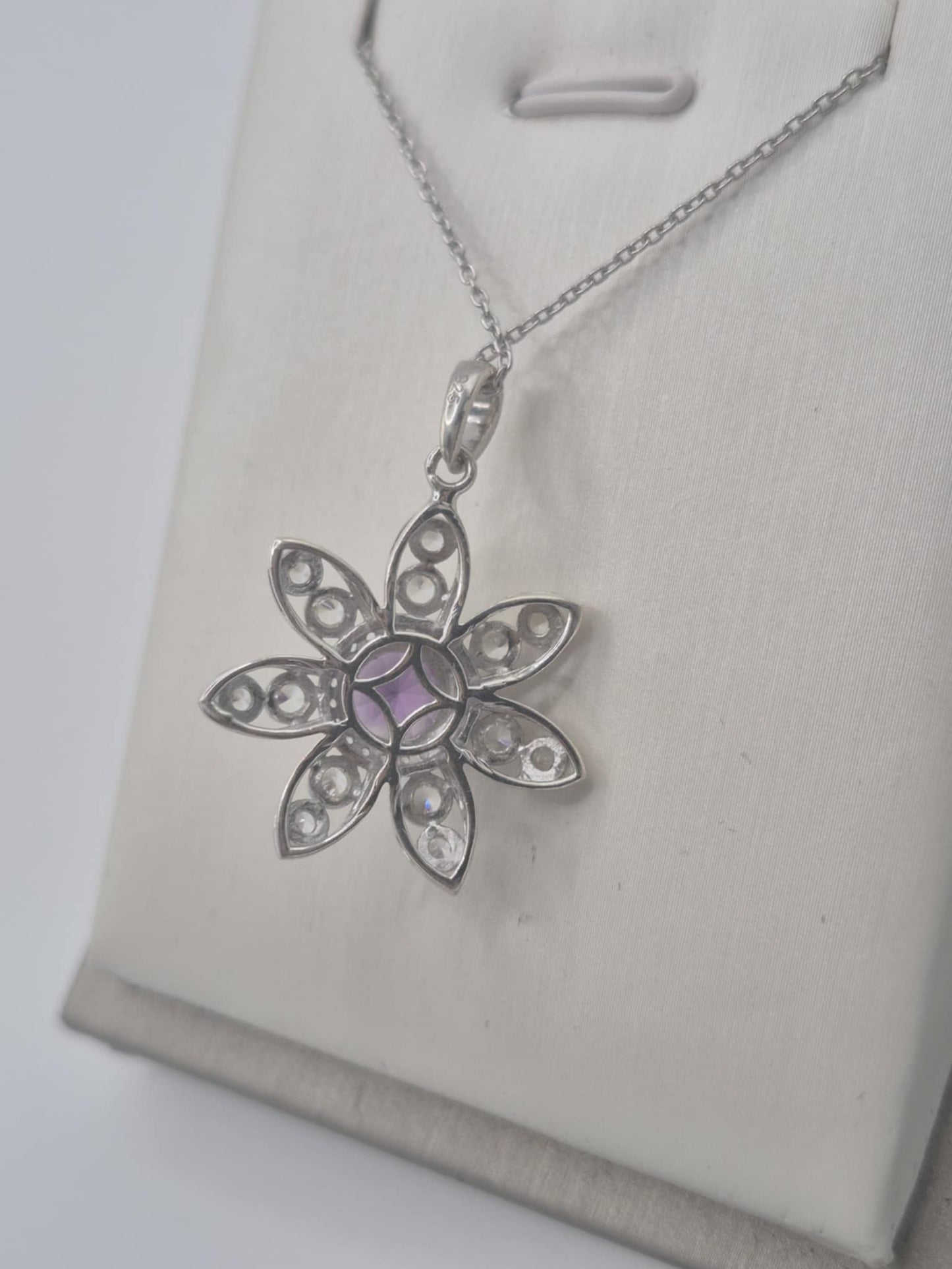 2.220ct. Flower Amethyst & White Zircon Necklace in Rhodium Overlay 925 Sterling Silver
