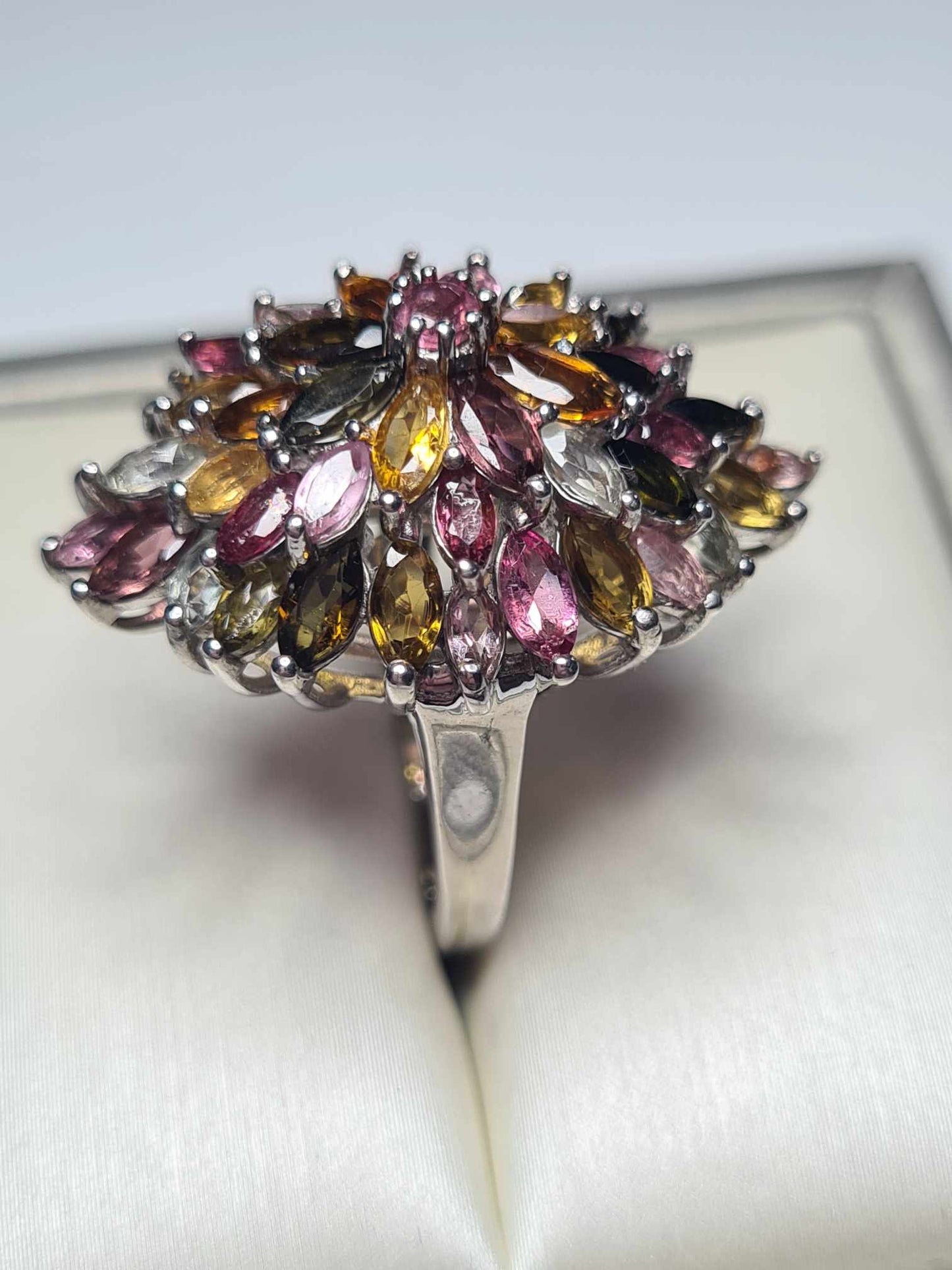 6.75 Ct Tourmaline Floral Cocktail Ring 925 Sterling Silver with a platinum overlay SIZE K