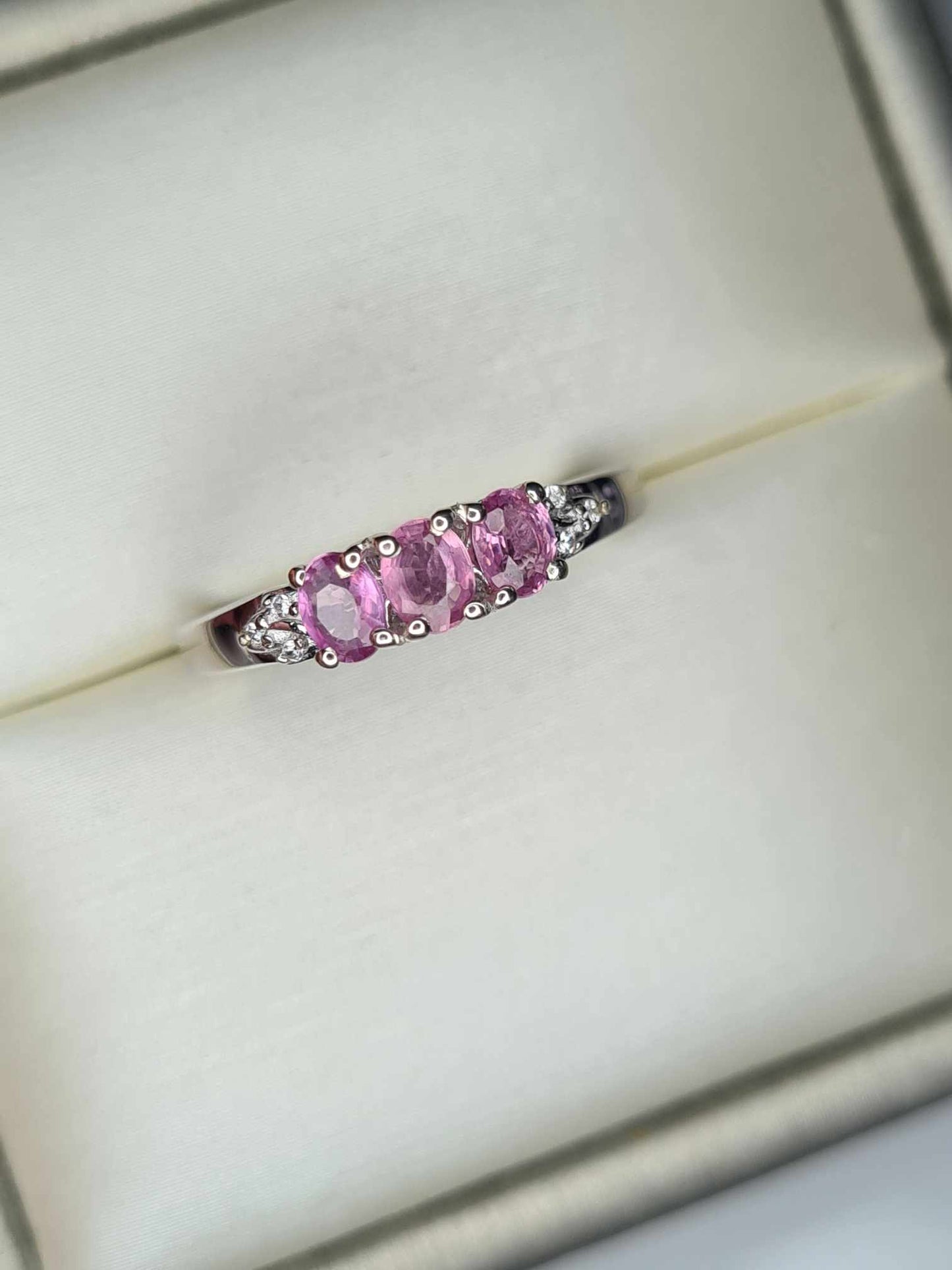 0.720ct Pink Sapphire and White Zircon Trilogy Ring in Rhodium 925 Sterling Silver SIZE K