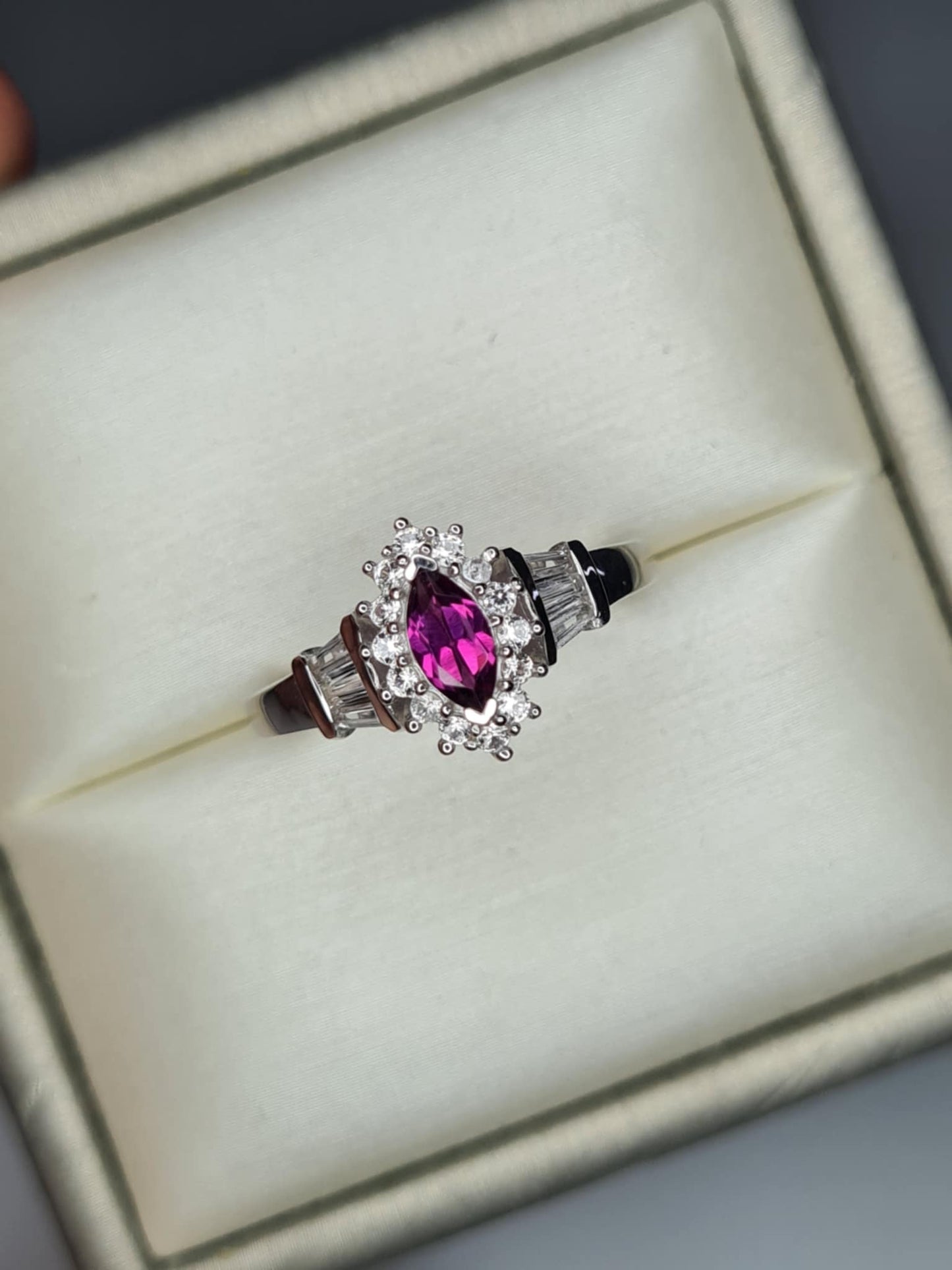 1.90ct Natural Radiant Ember Garnet, White Zircon Halo Ring in Rhodium 925 Overlay Sterling Silver SIZE P