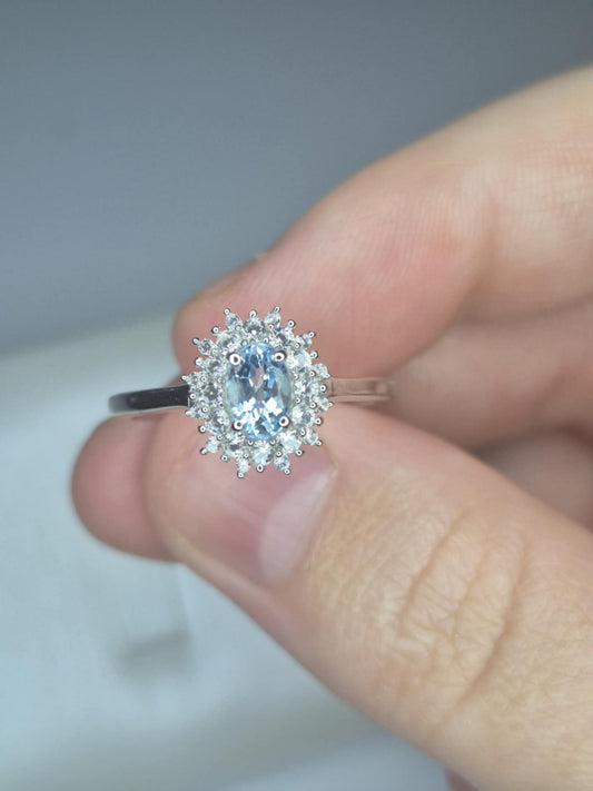 Santamaria Aquamarine & White Zircon Halo Ring in Rhodium Overlay 925 Sterling Silver SIZE O