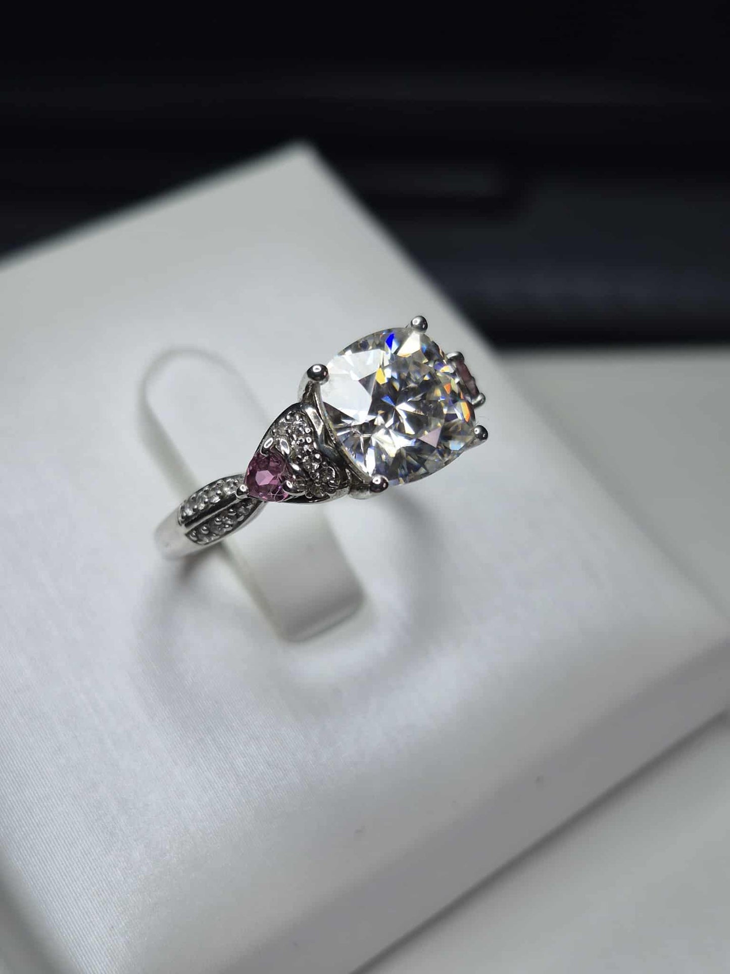 3.07ct Moissanite, Pink Tourmaline & Natural Zircon Ring 925 Sterling Silver SIZE M