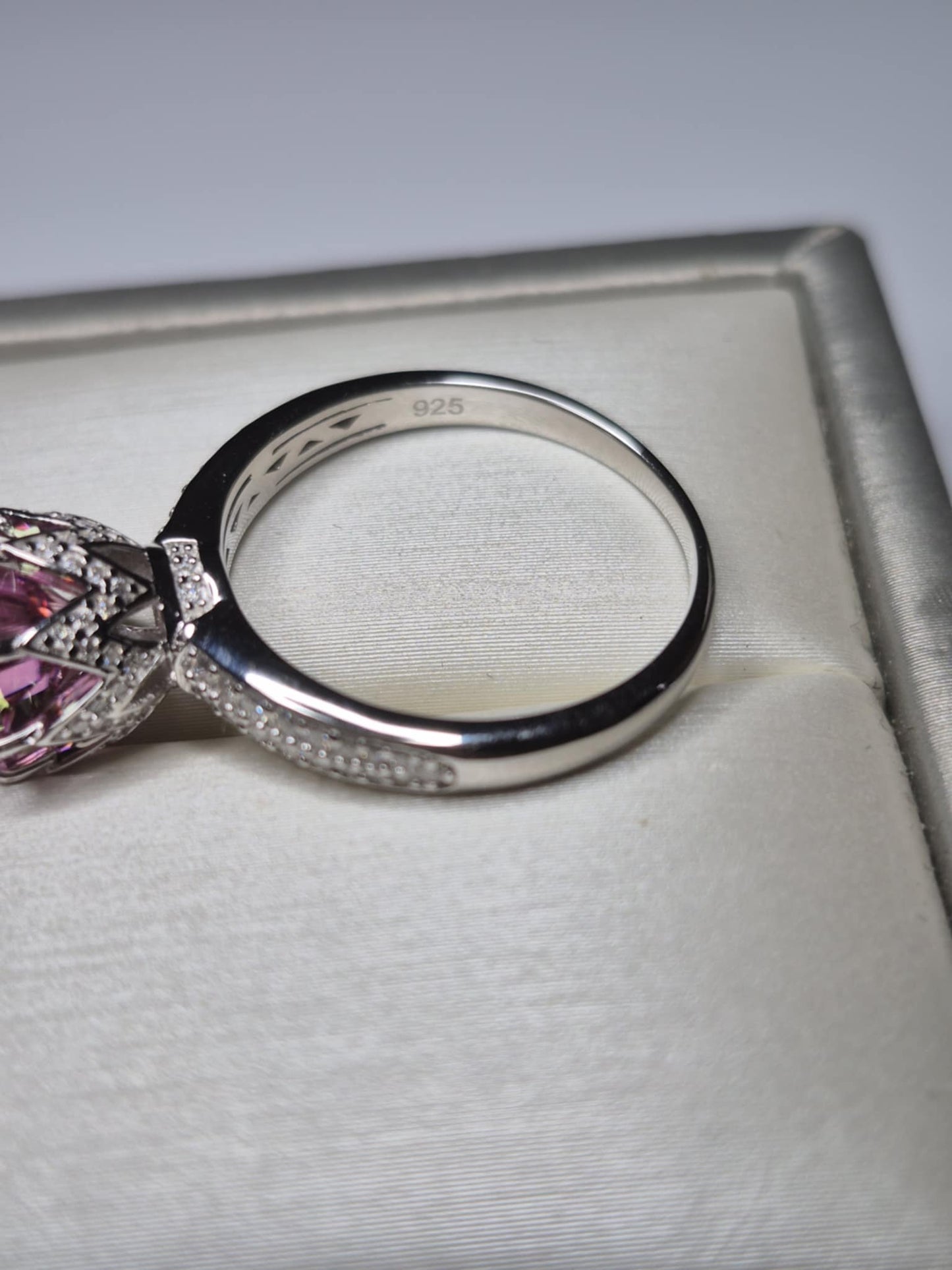 2.91ct Pink Lotus Moissanite Ring in Rhodium Overlay 925 Sterling Silver SIZE P