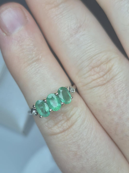 1.40ct AAA Gemfields Zambian Emerald Trilogy Ring with Natural White Zircon in Platinum Overlay 925 Sterling Silver UK SIZE M