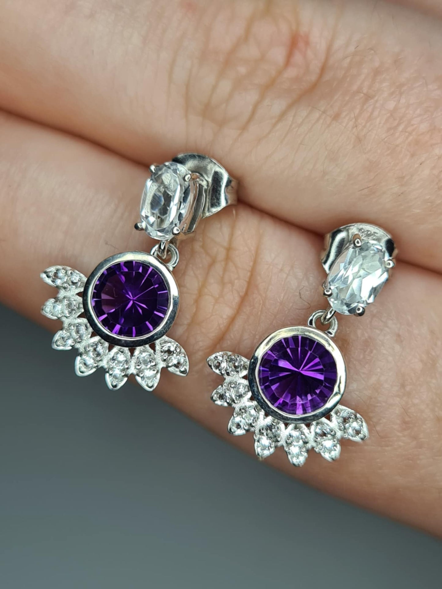 Zambian Amethyst, White Topaz Solitaire Dangle Earrings in Rhodium Overlay 925 Sterling Silver