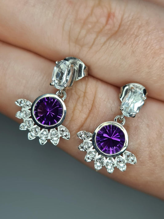 Zambian Amethyst, White Topaz Solitaire Dangle Earrings in Rhodium Overlay 925 Sterling Silver