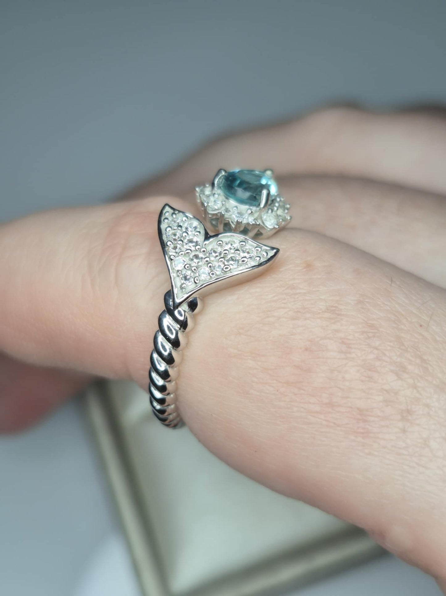 1.25ct Lagoon Apatite & White Zircon Mermaid Ring 925 Sterling Silver SIZE O